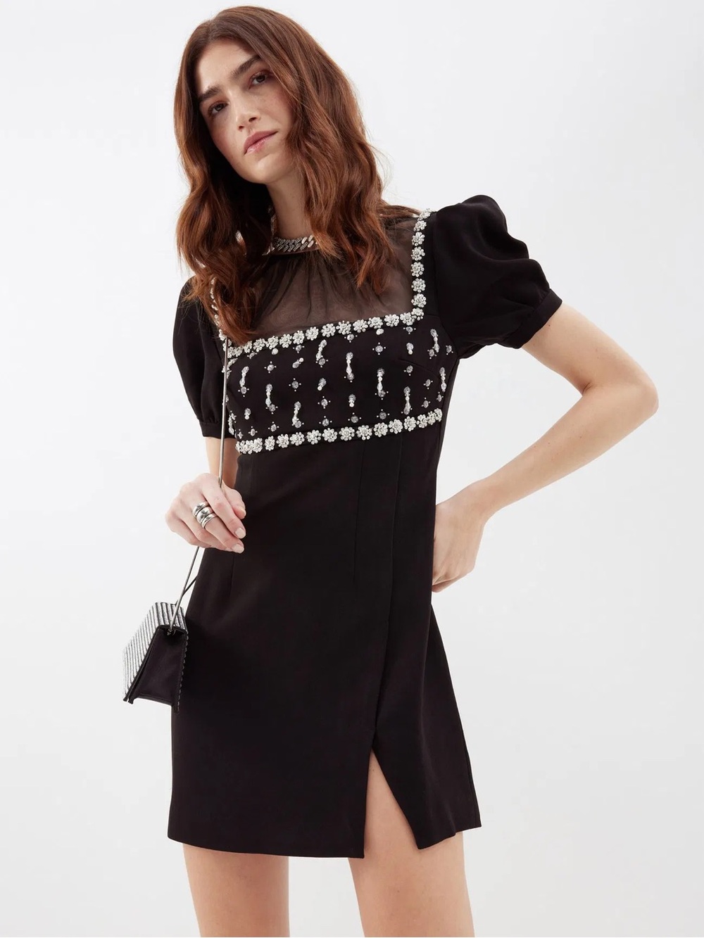 Self-Portrait Black Mini Dress with Crystal Floral Trim Size 4 NWT.